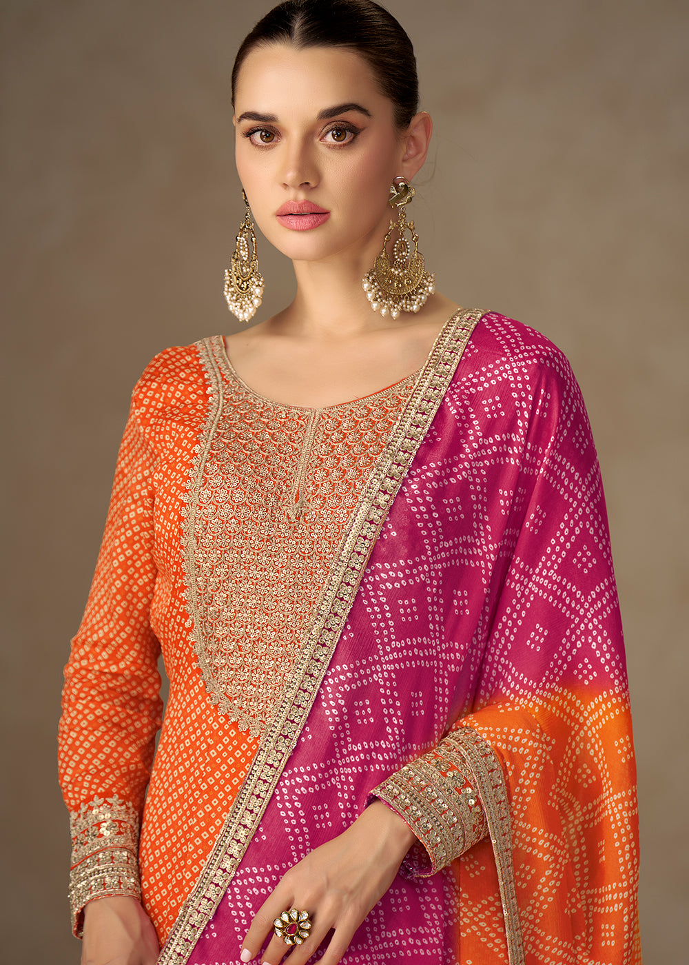 Buy Now Chinon Bandhej Printed Orange Festive Anarkali Gown Online in US, UK, Germany, France, Italy, Canada, Australia, Sweden, Greece & Worldwide at Empress.