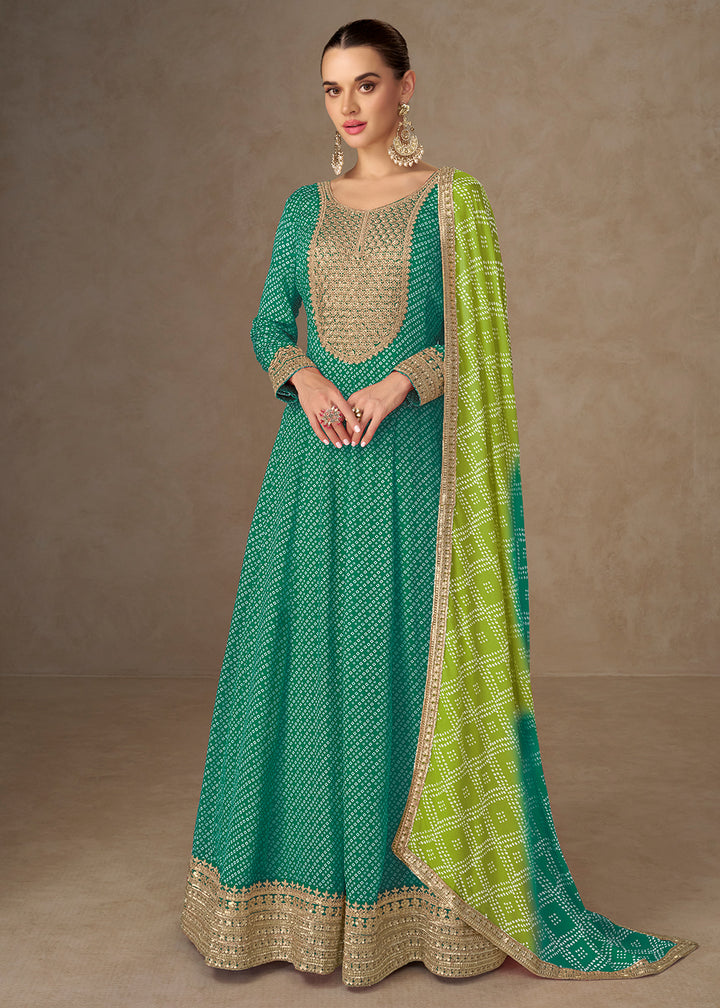 Buy Now Chinon Bandhej Printed Green Festive Anarkali Gown Online in US, UK, Germany, France, Italy, Canada, Australia, Sweden, Greece & Worldwide at Empress.