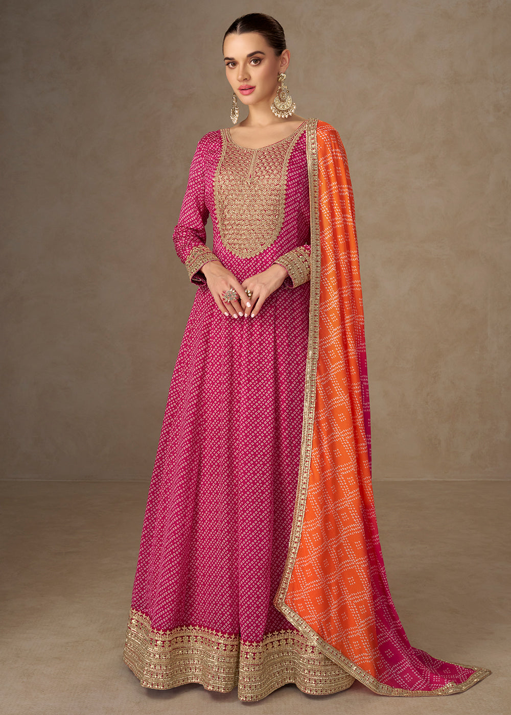 Buy Now Chinon Bandhej Printed Pink Festive Anarkali Gown Online in US, UK, Germany, France, Italy, Canada, Australia, Sweden, Greece & Worldwide at Empress.