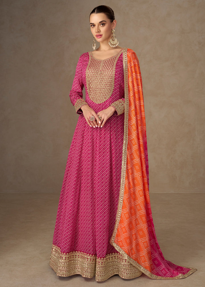 Buy Now Chinon Bandhej Printed Pink Festive Anarkali Gown Online in US, UK, Germany, France, Italy, Canada, Australia, Sweden, Greece & Worldwide at Empress.