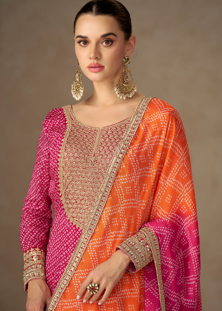 Buy Now Chinon Bandhej Printed Pink Festive Anarkali Gown Online in US, UK, Germany, France, Italy, Canada, Australia, Sweden, Greece & Worldwide at Empress.