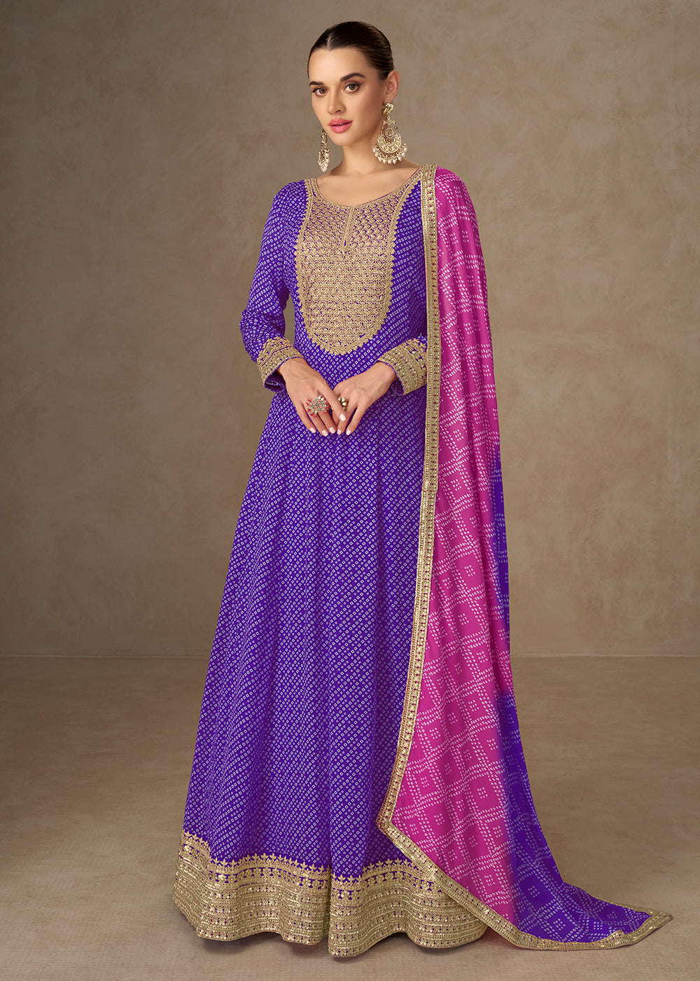 Buy Now Chinon Bandhej Printed Purple Festive Anarkali Gown Online in US, UK, Germany, France, Italy, Canada, Australia, Sweden, Greece & Worldwide at Empress.
