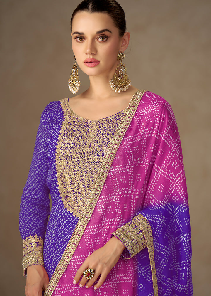 Buy Now Chinon Bandhej Printed Purple Festive Anarkali Gown Online in US, UK, Germany, France, Italy, Canada, Australia, Sweden, Greece & Worldwide at Empress.