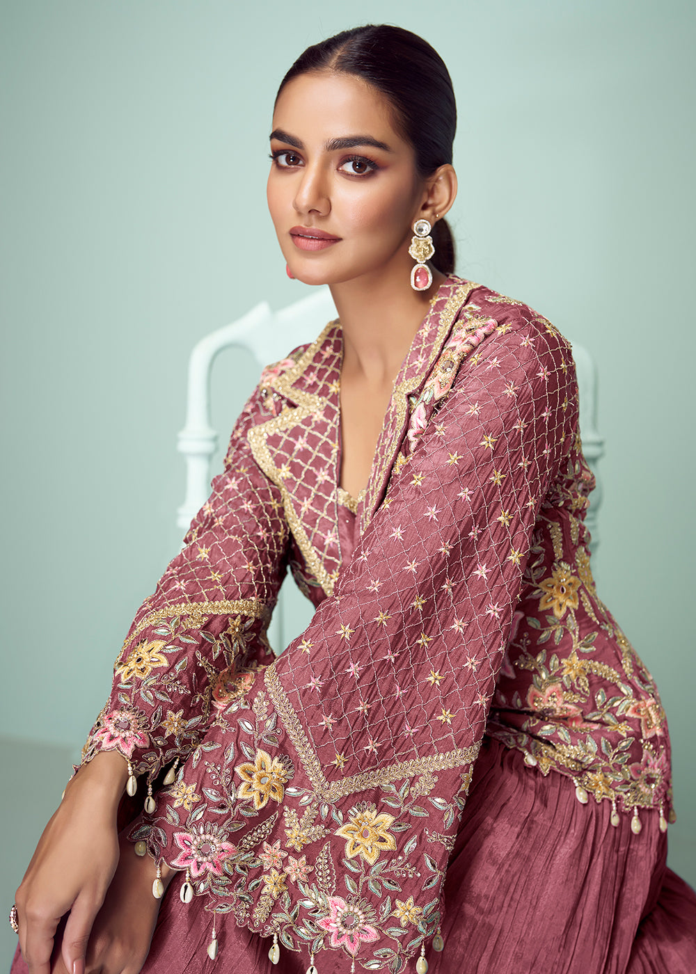 Buy Now Pink Chinnon Embroidered Lehenga Skirt Style Suit Online in Newark, Yorktown, Toronto, London, Orlando, Munich, Chicago, Dubai & Worldwide at Empress