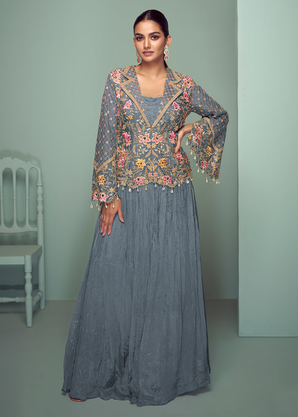 Buy Now Grey Chinnon Embroidered Lehenga Skirt Style Suit Online in Newark, Yorktown, Toronto, London, Orlando, Munich, Chicago, Dubai & Worldwide at Empress