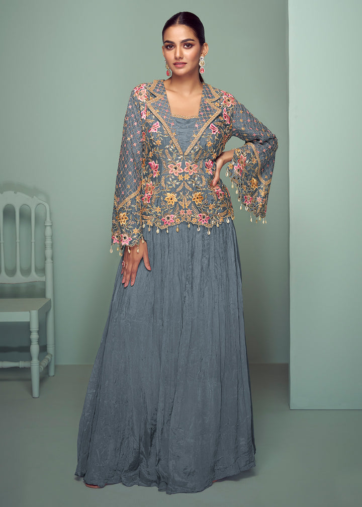 Buy Now Grey Chinnon Embroidered Lehenga Skirt Style Suit Online in Newark, Yorktown, Toronto, London, Orlando, Munich, Chicago, Dubai & Worldwide at Empress