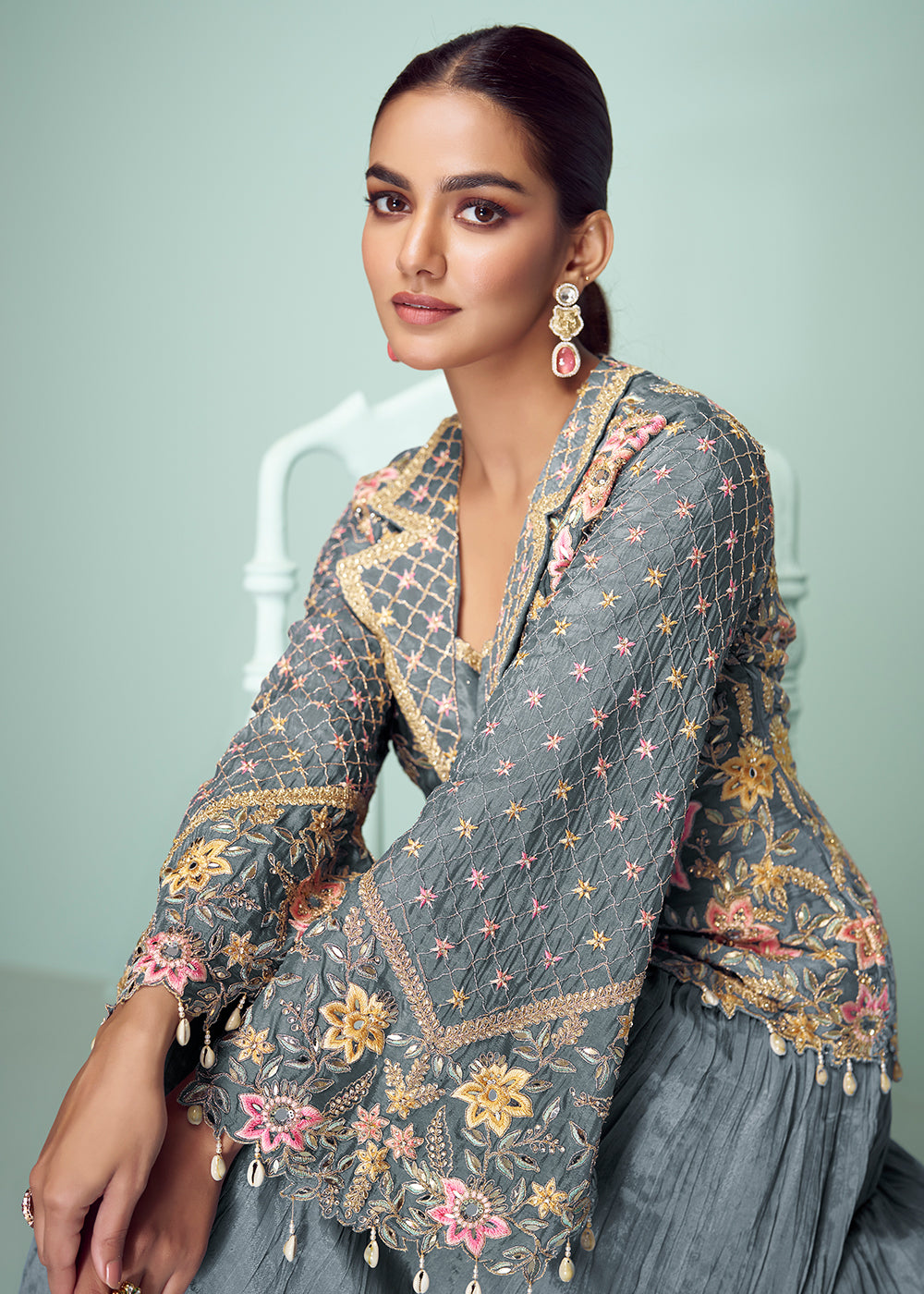 Buy Now Grey Chinnon Embroidered Lehenga Skirt Style Suit Online in Newark, Yorktown, Toronto, London, Orlando, Munich, Chicago, Dubai & Worldwide at Empress