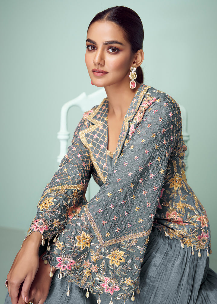 Buy Now Grey Chinnon Embroidered Lehenga Skirt Style Suit Online in Newark, Yorktown, Toronto, London, Orlando, Munich, Chicago, Dubai & Worldwide at Empress