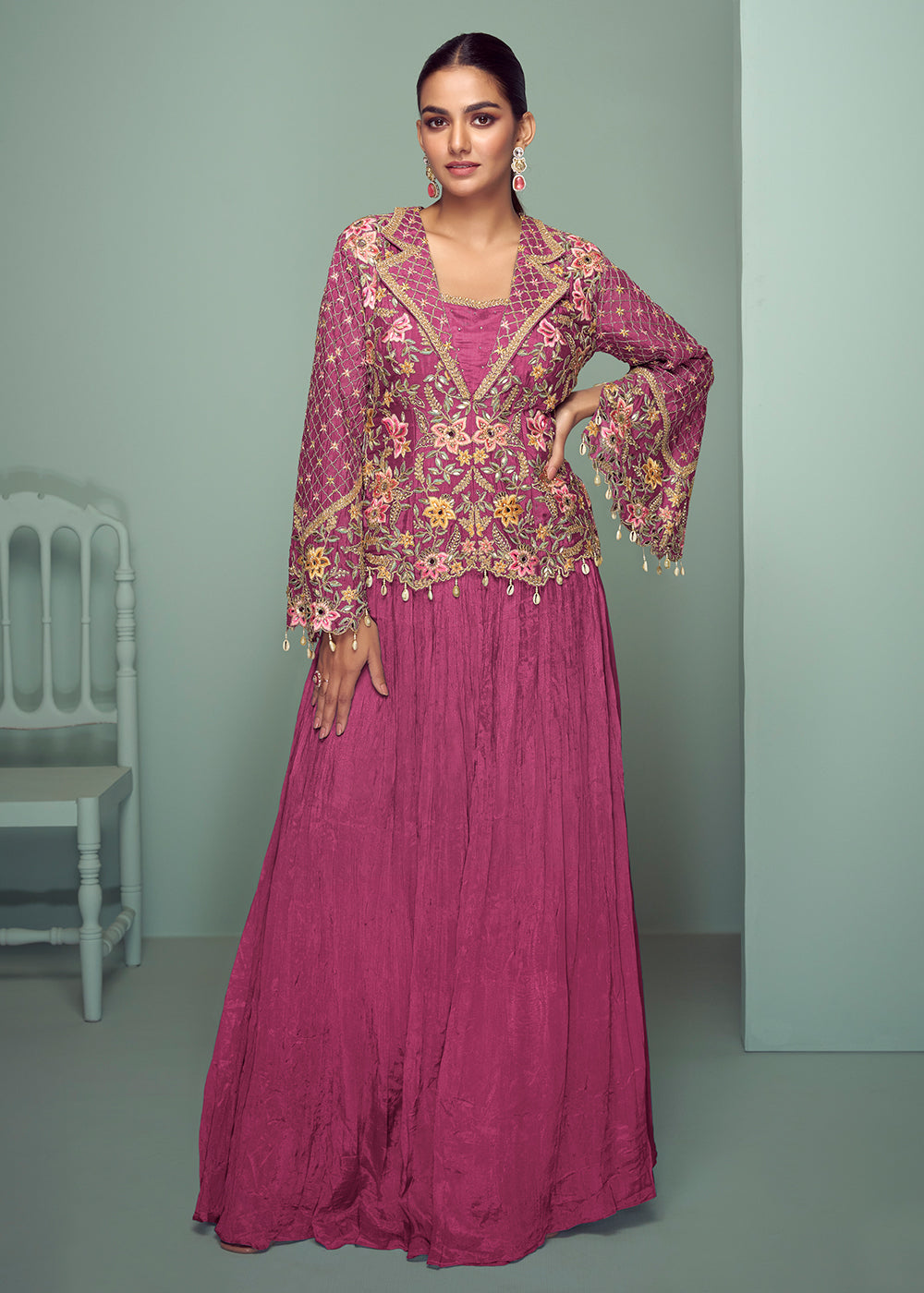 Buy Now Rani Chinnon Embroidered Lehenga Skirt Style Suit Online in Newark, Yorktown, Toronto, London, Orlando, Munich, Chicago, Dubai & Worldwide at Empress
