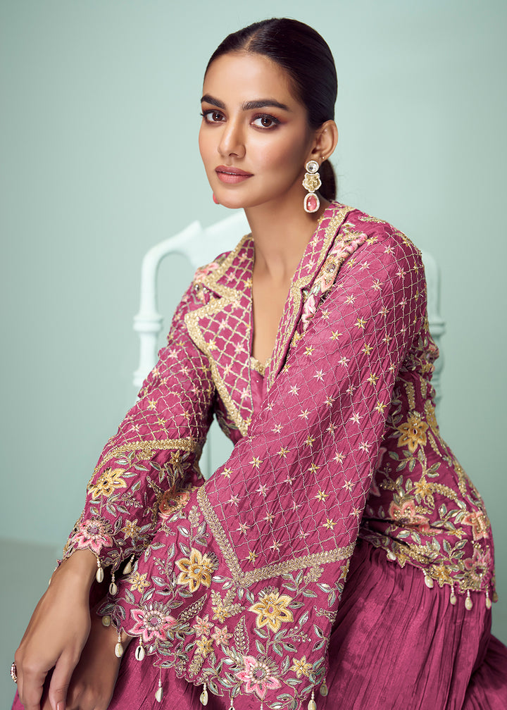 Buy Now Rani Chinnon Embroidered Lehenga Skirt Style Suit Online in Newark, Yorktown, Toronto, London, Orlando, Munich, Chicago, Dubai & Worldwide at Empress