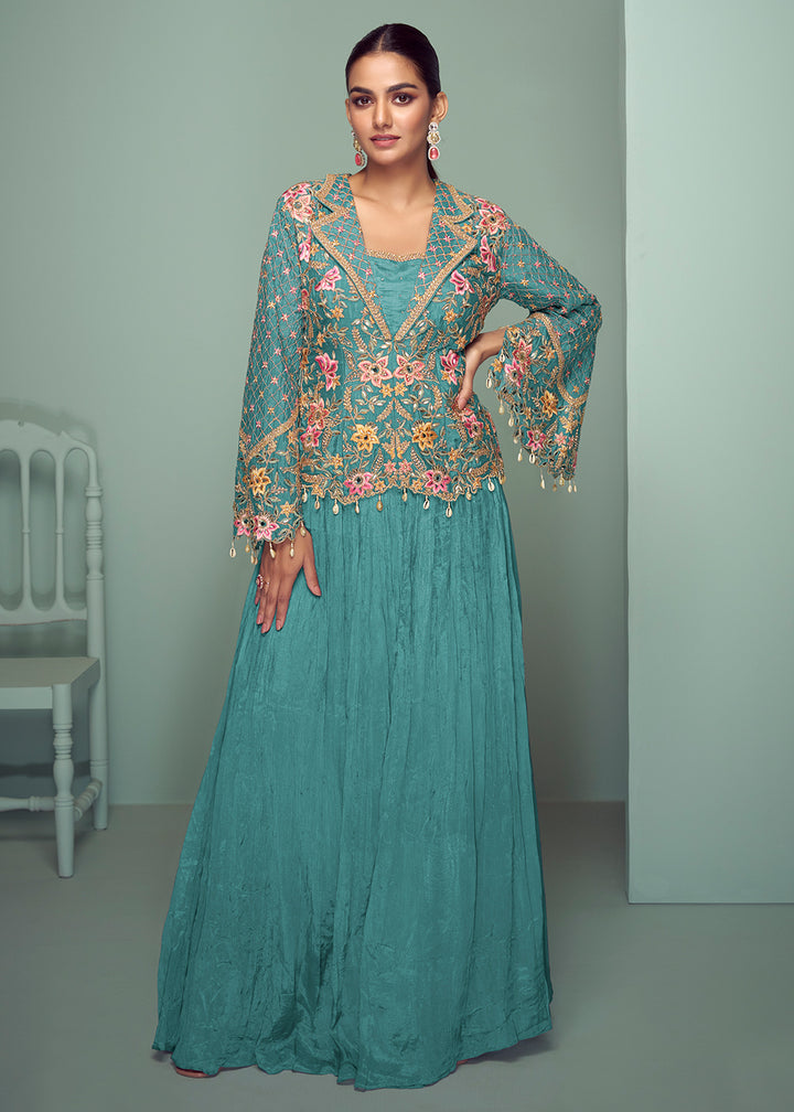 Buy Now Aqua Chinnon Embroidered Lehenga Skirt Style Suit Online in Newark, Yorktown, Toronto, London, Orlando, Munich, Chicago, Dubai & Worldwide at Empress