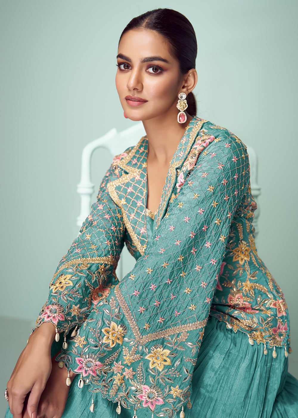 Buy Now Aqua Chinnon Embroidered Lehenga Skirt Style Suit Online in Newark, Yorktown, Toronto, London, Orlando, Munich, Chicago, Dubai & Worldwide at Empress