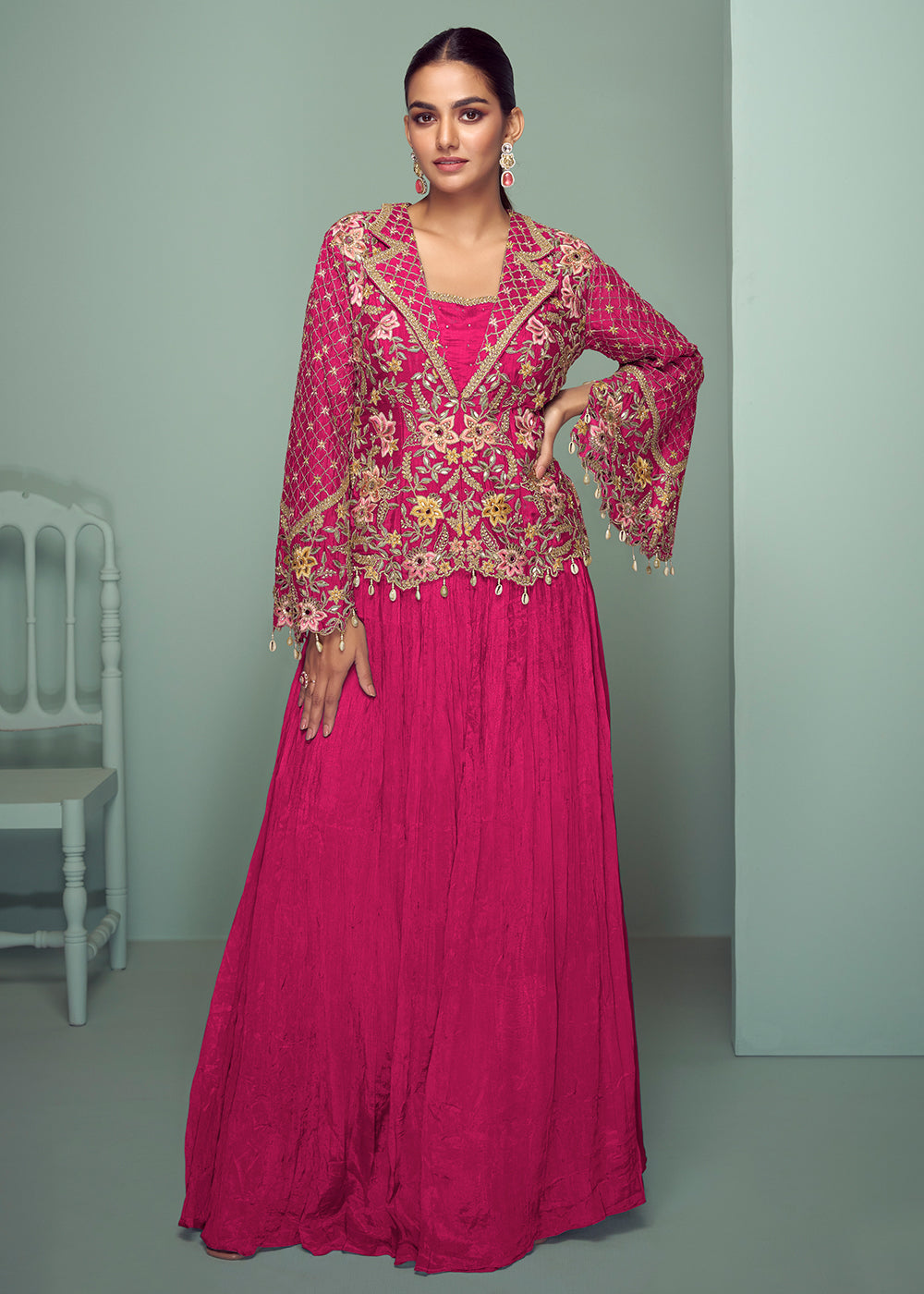 Buy Lehenga Skirt Style Suit in Italy - Peach Chinnon Embroidered