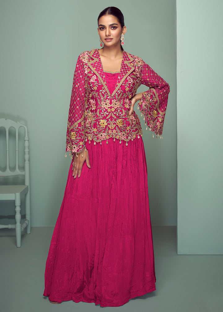 Buy Now Hot Pink Chinnon Embroidered Lehenga Skirt Style Suit Online in Newark, Yorktown, Toronto, London, Orlando, Munich, Chicago, UAE & Worldwide at Empress.