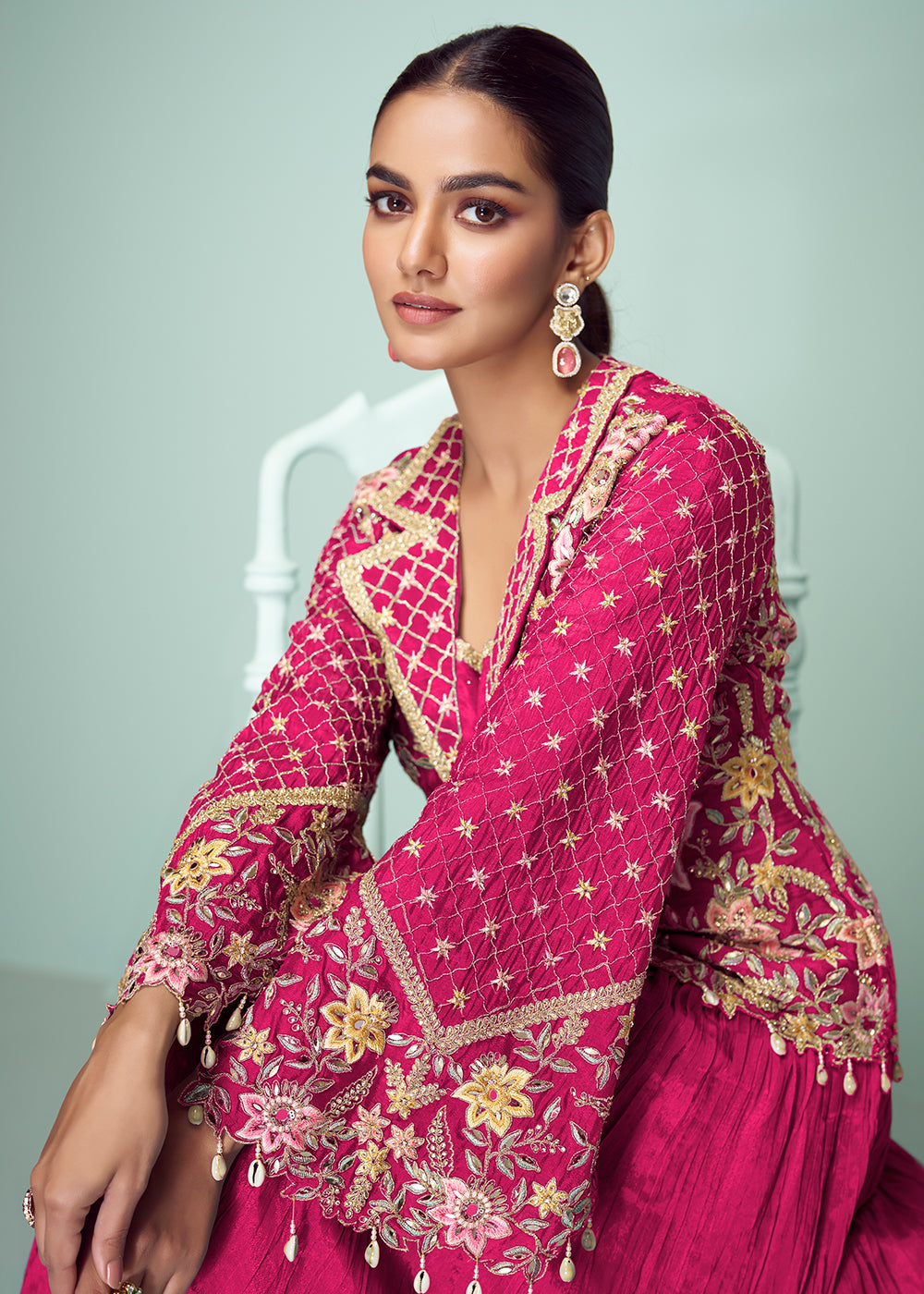 Buy Now Hot Pink Chinnon Embroidered Lehenga Skirt Style Suit Online in Newark, Yorktown, Toronto, London, Orlando, Munich, Chicago, UAE & Worldwide at Empress.