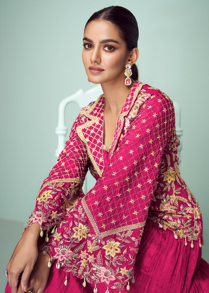 Buy Now Hot Pink Chinnon Embroidered Lehenga Skirt Style Suit Online in Newark, Yorktown, Toronto, London, Orlando, Munich, Chicago, UAE & Worldwide at Empress.