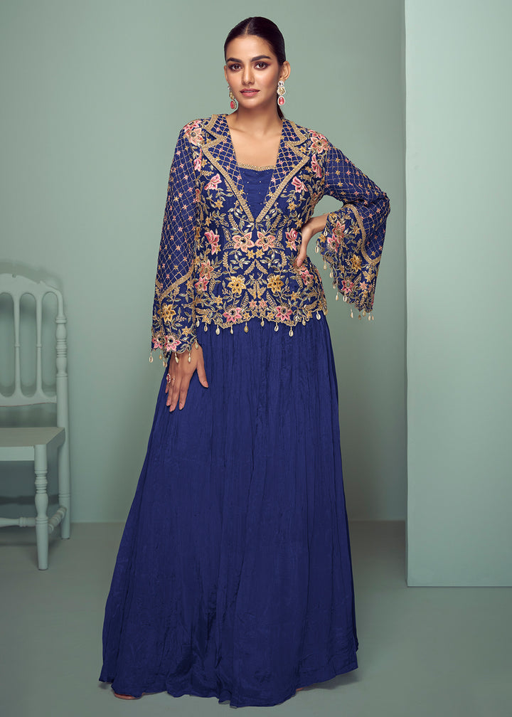 Buy Now Blue Chinnon Embroidered Lehenga Skirt Style Suit Online in Newark, Yorktown, Toronto, London, Orlando, Munich, Chicago, UAE & Worldwide at Empress.