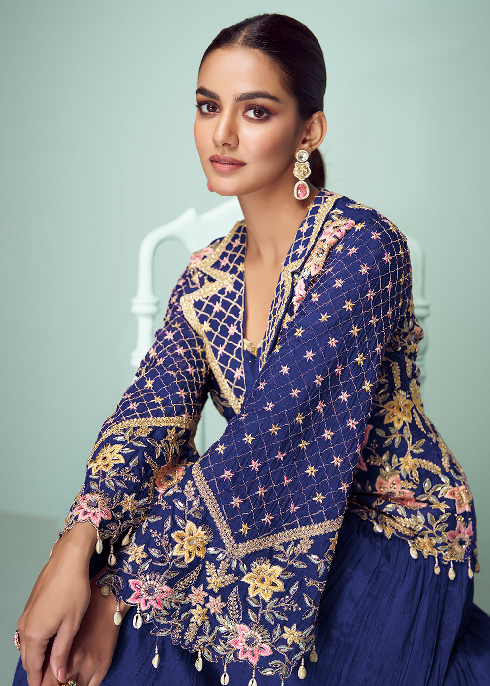 Buy Now Blue Chinnon Embroidered Lehenga Skirt Style Suit Online in Newark, Yorktown, Toronto, London, Orlando, Munich, Chicago, UAE & Worldwide at Empress.