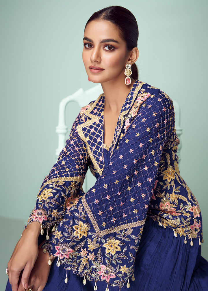 Buy Now Blue Chinnon Embroidered Lehenga Skirt Style Suit Online in Newark, Yorktown, Toronto, London, Orlando, Munich, Chicago, UAE & Worldwide at Empress.