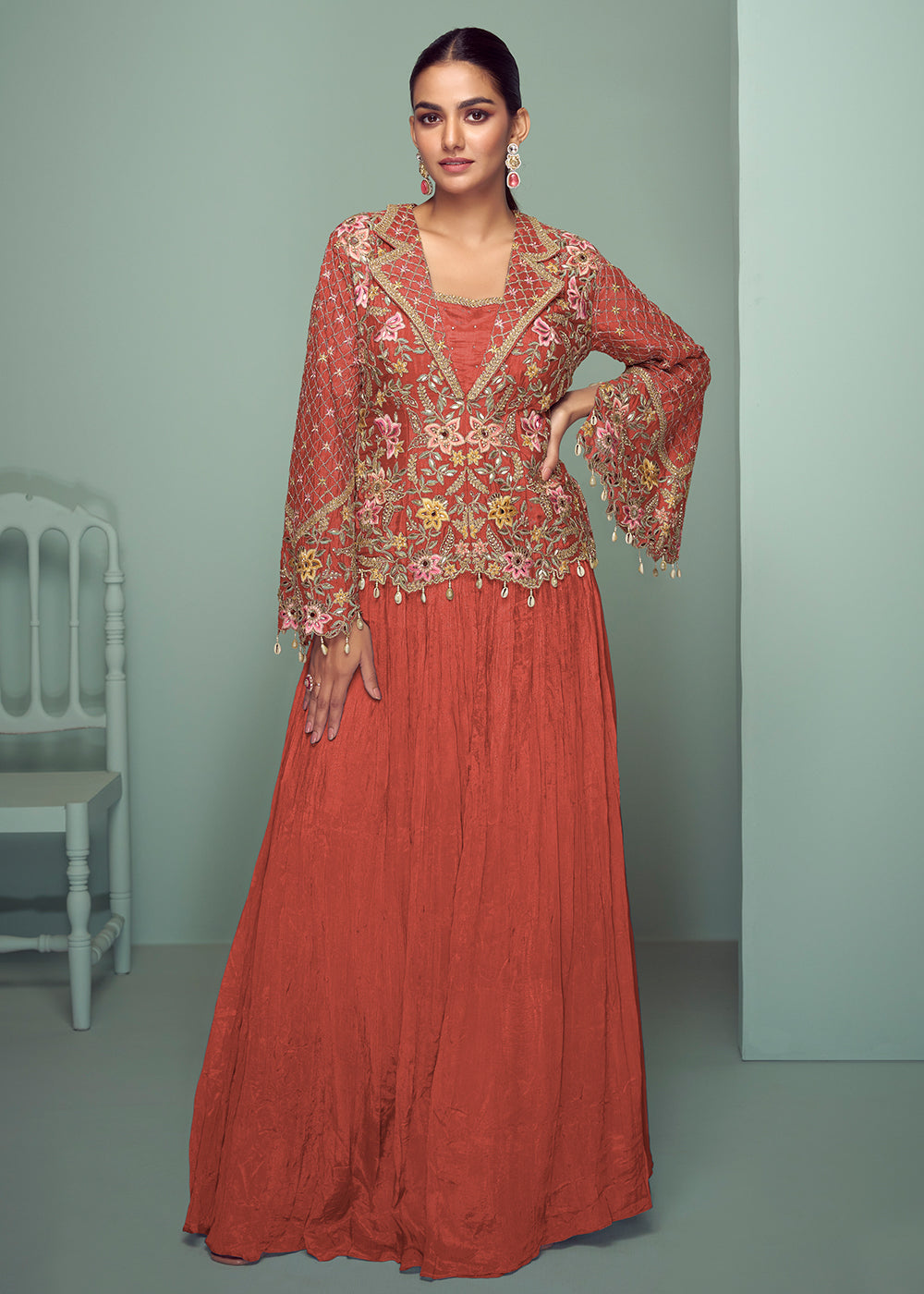 Buy Now Peach Chinnon Embroidered Lehenga Skirt Style Suit Online in Newark, Yorktown, Toronto, London, Orlando, Munich, Chicago, UAE & Worldwide at Empress.