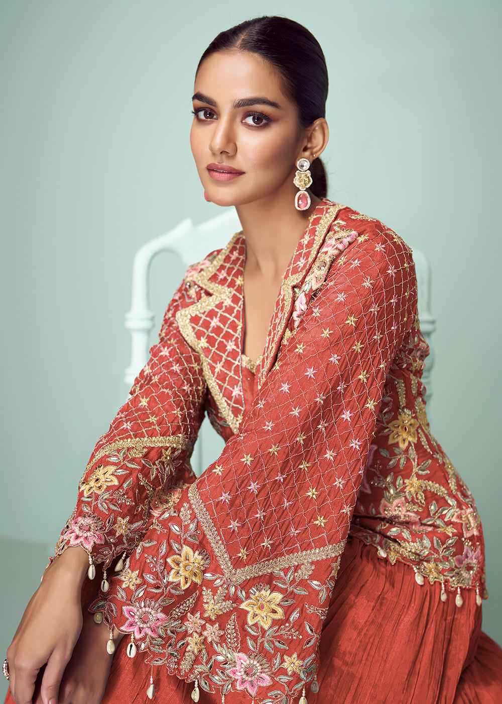 Buy Now Peach Chinnon Embroidered Lehenga Skirt Style Suit Online in Newark, Yorktown, Toronto, London, Orlando, Munich, Chicago, UAE & Worldwide at Empress.