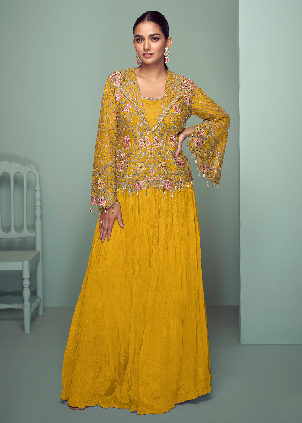 Buy Now Yellow Chinnon Embroidered Lehenga Skirt Style Suit Online in Newark, Yorktown, Toronto, London, Orlando, Munich, Chicago, UAE & Worldwide at Empress.