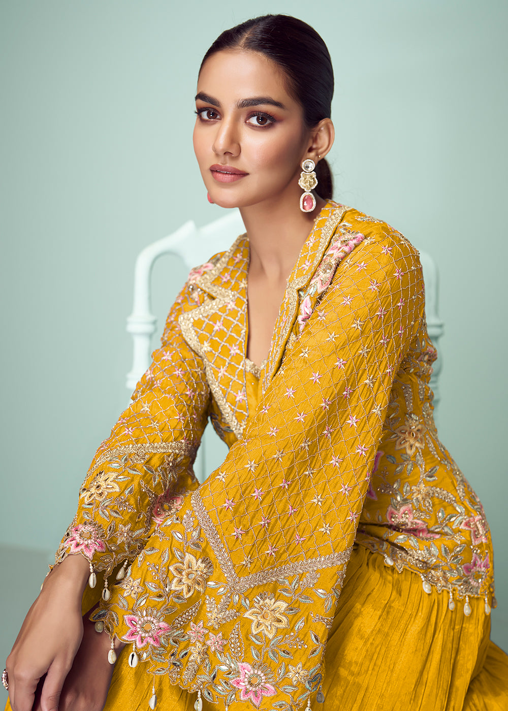 Buy Now Yellow Chinnon Embroidered Lehenga Skirt Style Suit Online in Newark, Yorktown, Toronto, London, Orlando, Munich, Chicago, UAE & Worldwide at Empress.