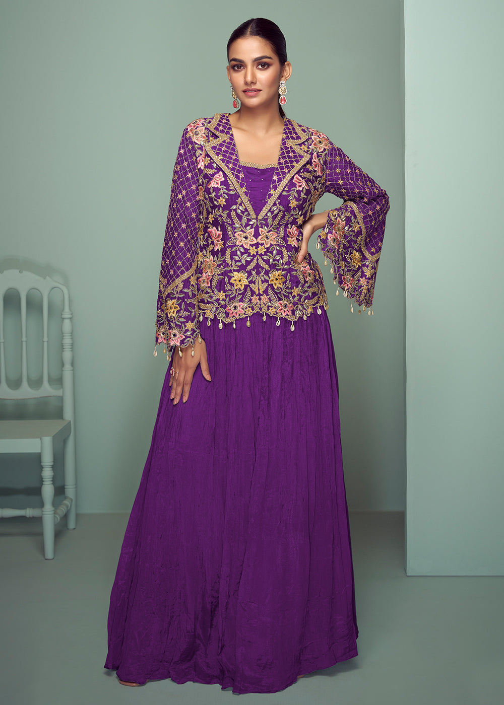 Buy Now Purple Chinnon Embroidered Lehenga Skirt Style Suit Online in Newark, Yorktown, Toronto, London, Orlando, Munich, Chicago, UAE & Worldwide at Empress.