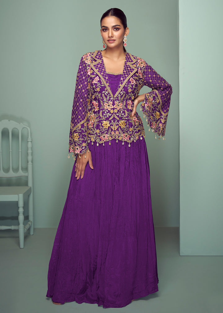 Buy Now Purple Chinnon Embroidered Lehenga Skirt Style Suit Online in Newark, Yorktown, Toronto, London, Orlando, Munich, Chicago, UAE & Worldwide at Empress.