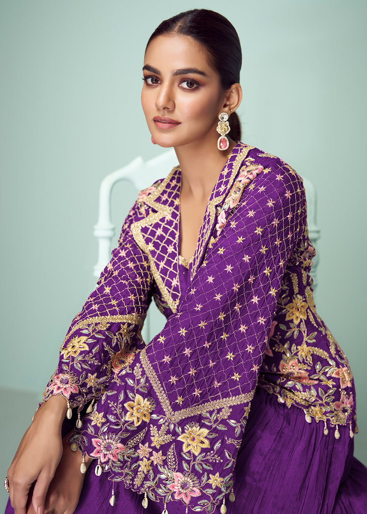 Buy Now Purple Chinnon Embroidered Lehenga Skirt Style Suit Online in Newark, Yorktown, Toronto, London, Orlando, Munich, Chicago, UAE & Worldwide at Empress.