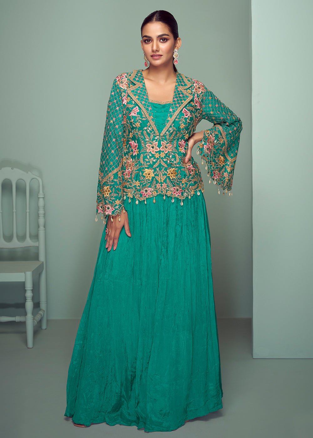 Buy Now Turquoise Chinnon Embroidered Lehenga Skirt Style Suit Online in Newark, Yorktown, Toronto, London, Orlando, Munich, Chicago, UAE & Worldwide at Empress