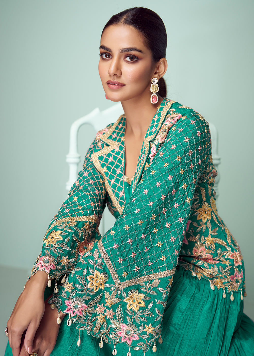 Buy Now Turquoise Chinnon Embroidered Lehenga Skirt Style Suit Online in Newark, Yorktown, Toronto, London, Orlando, Munich, Chicago, UAE & Worldwide at Empress