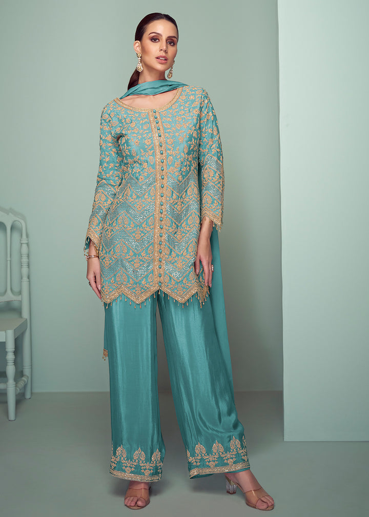 Buy Now Turquoise Real Chinnon Embroidered Designer Palazzo Suit Online in USA, UK, Canada, Germany, Italy, France, Austria, UAE & Worldwide at Empress Clothing.