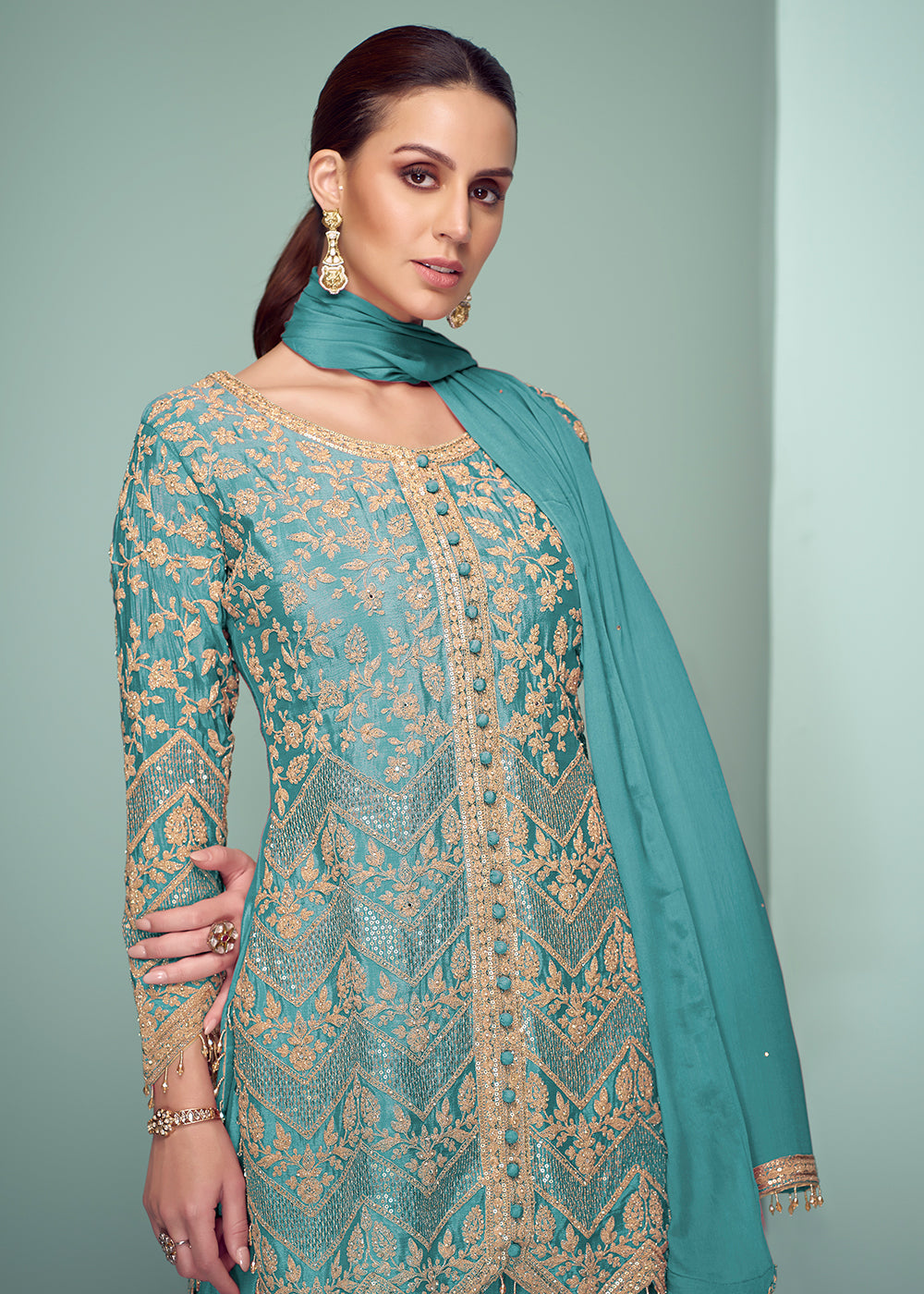 Buy Now Turquoise Real Chinnon Embroidered Designer Palazzo Suit Online in USA, UK, Canada, Germany, Italy, France, Austria, UAE & Worldwide at Empress Clothing.
