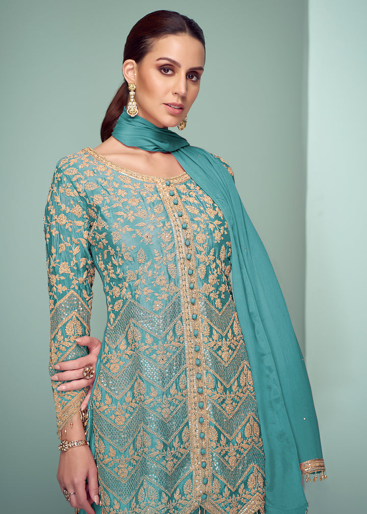Buy Now Turquoise Real Chinnon Embroidered Designer Palazzo Suit Online in USA, UK, Canada, Germany, Italy, France, Austria, UAE & Worldwide at Empress Clothing.
