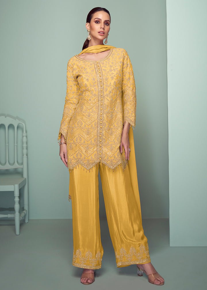 Buy Now Yellow Real Chinnon Embroidered Designer Palazzo Suit Online in USA, UK, Canada, Germany, Italy, France, Austria, UAE & Worldwide at Empress Clothing.