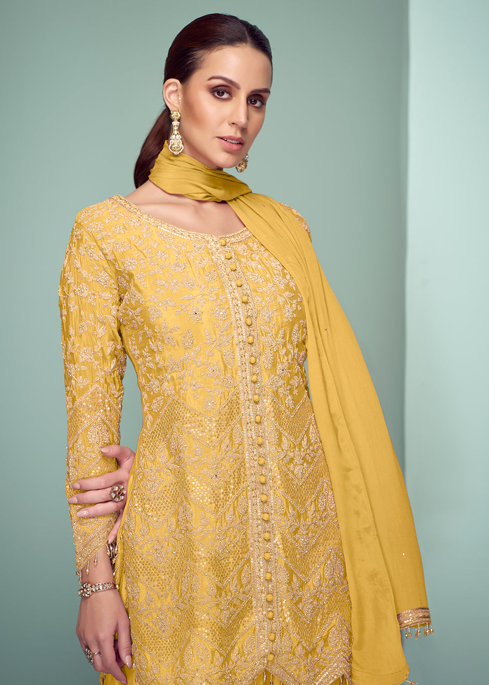 Buy Now Yellow Real Chinnon Embroidered Designer Palazzo Suit Online in USA, UK, Canada, Germany, Italy, France, Austria, UAE & Worldwide at Empress Clothing.