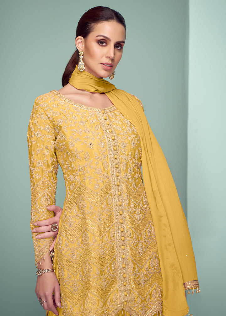 Buy Now Yellow Real Chinnon Embroidered Designer Palazzo Suit Online in USA, UK, Canada, Germany, Italy, France, Austria, UAE & Worldwide at Empress Clothing.