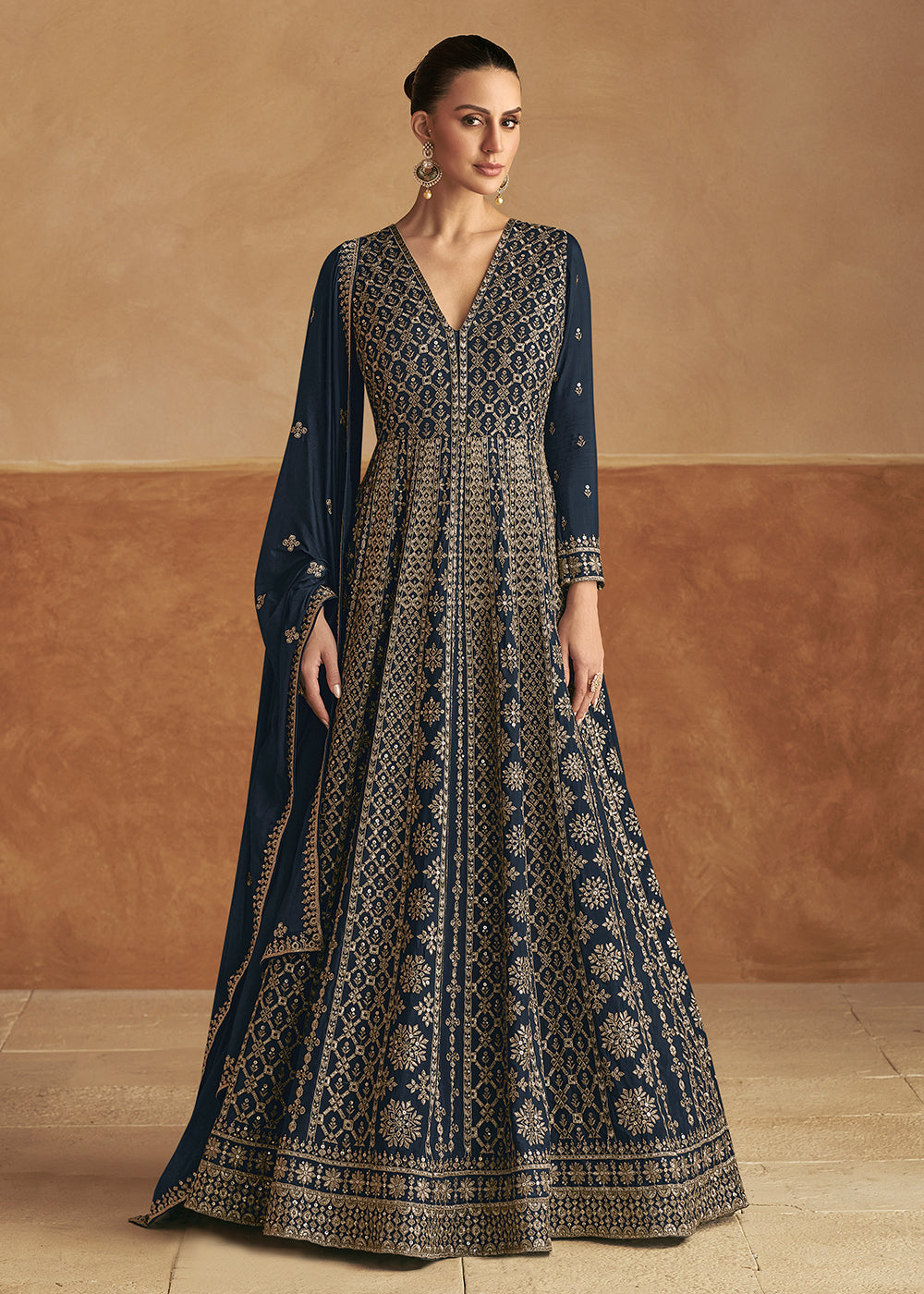 Buy Now Dark Blue Front & Back Embroidery Wedding Anarkali Suit Online in USA, UK, Australia, Italy, Germany, Canada, UAE & Worldwide at Empress Clothing.