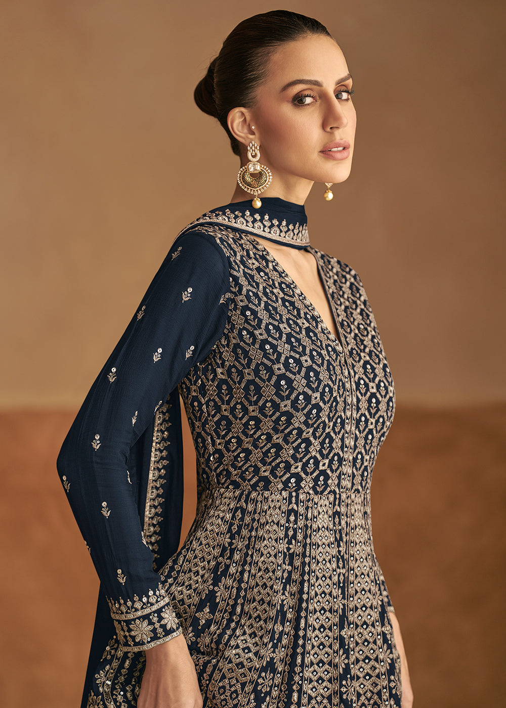 Buy Now Dark Blue Front & Back Embroidery Wedding Anarkali Suit Online in USA, UK, Australia, Italy, Germany, Canada, UAE & Worldwide at Empress Clothing.