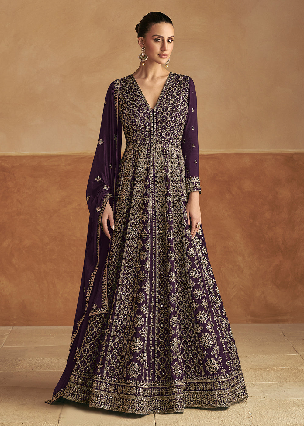 Buy Now Purple Front & Back Embroidery Wedding Anarkali Suit Online in USA, UK, Australia, Italy, Germany, Canada, UAE & Worldwide at Empress Clothing. 