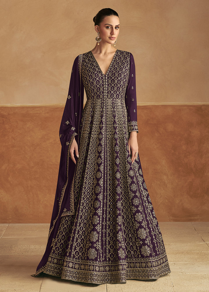 Buy Now Purple Front & Back Embroidery Wedding Anarkali Suit Online in USA, UK, Australia, Italy, Germany, Canada, UAE & Worldwide at Empress Clothing. 