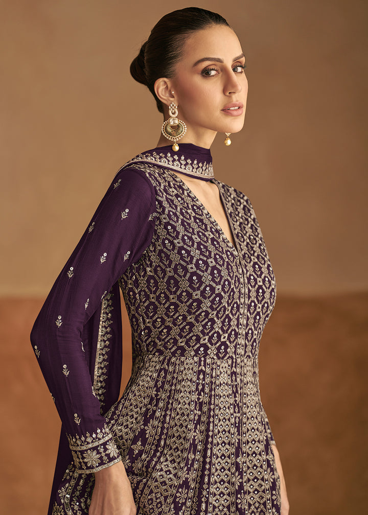 Buy Now Purple Front & Back Embroidery Wedding Anarkali Suit Online in USA, UK, Australia, Italy, Germany, Canada, UAE & Worldwide at Empress Clothing. 