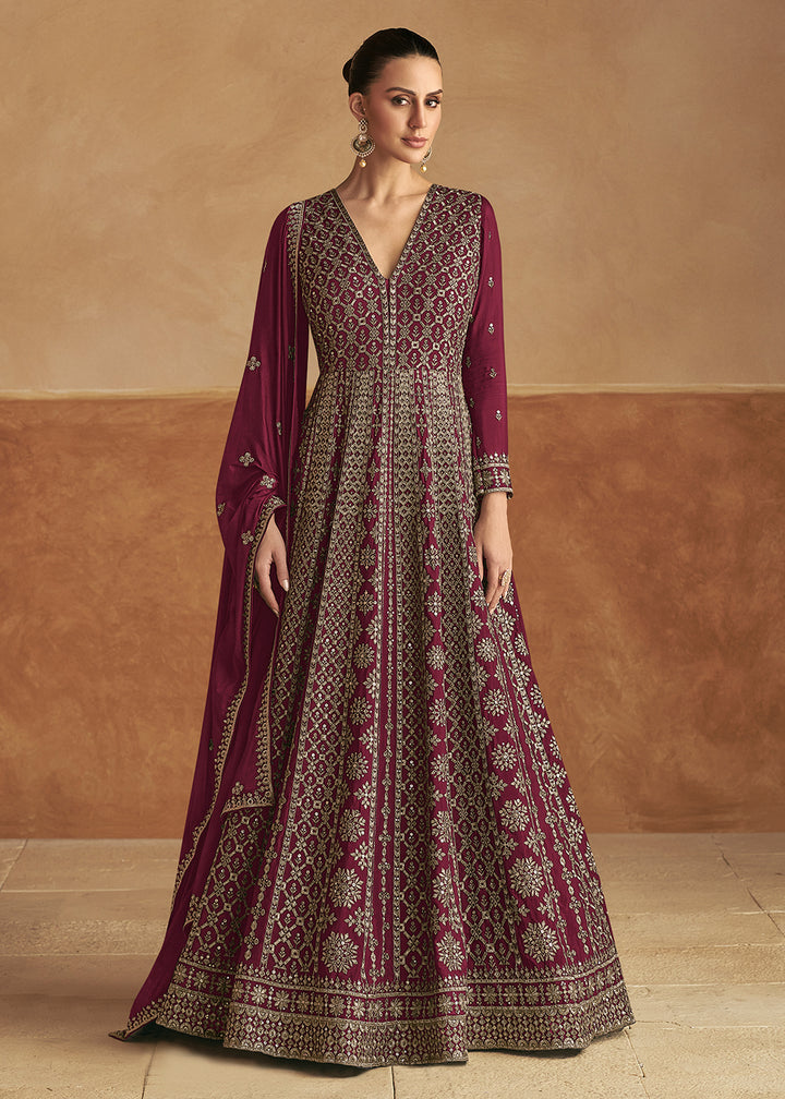 Buy Now Maroon Front & Back Embroidery Wedding Anarkali Suit Online in USA, UK, Australia, Italy, Germany, Canada, UAE & Worldwide at Empress Clothing. 