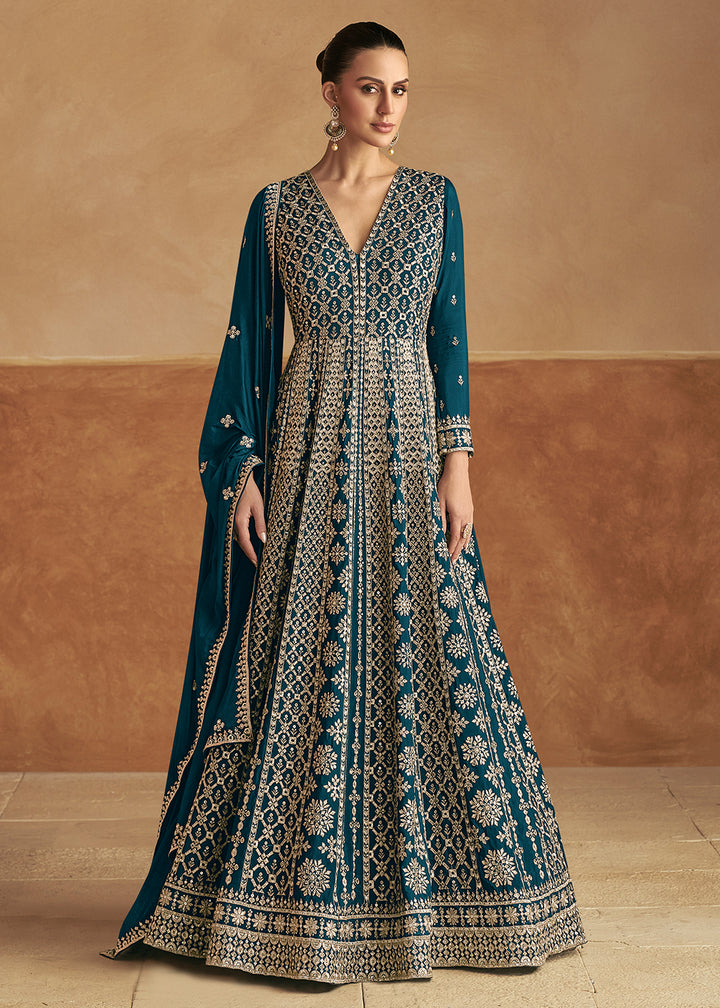 Buy Now Teal Blue Front & Back Embroidery Wedding Anarkali Suit Online in USA, UK, Sweden, Denmark, Italy, Germany, Canada, UAE & Worldwide at Empress Clothing.
