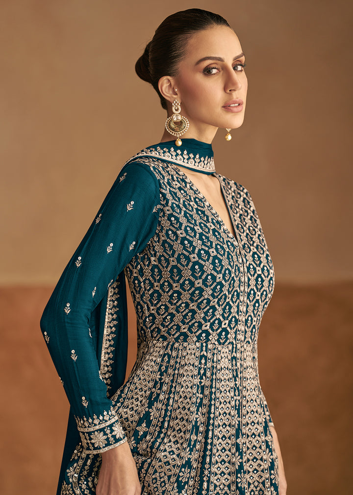 Buy Now Teal Blue Front & Back Embroidery Wedding Anarkali Suit Online in USA, UK, Sweden, Denmark, Italy, Germany, Canada, UAE & Worldwide at Empress Clothing.