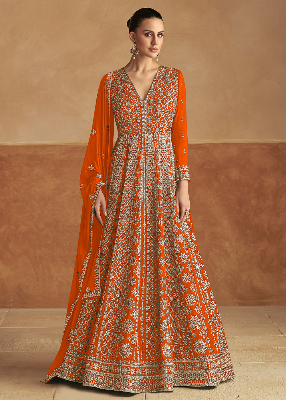Buy Now Orange Front & Back Embroidery Wedding Anarkali Suit Online in USA, UK, Sweden, Denmark, Italy, Germany, Canada, UAE & Worldwide at Empress Clothing.