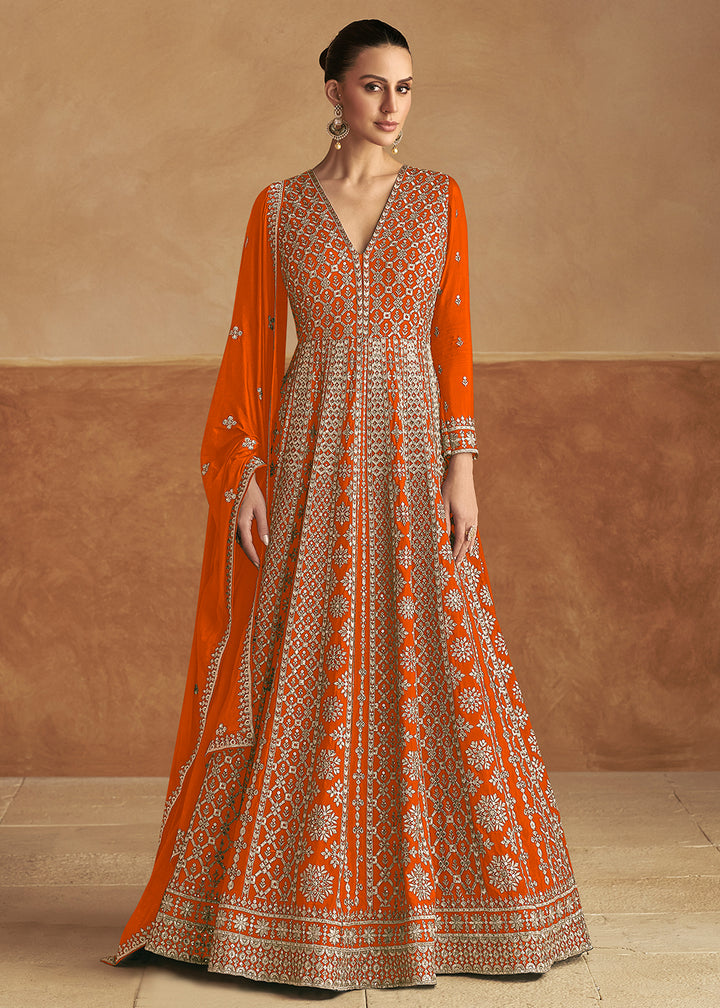 Buy Now Orange Front & Back Embroidery Wedding Anarkali Suit Online in USA, UK, Sweden, Denmark, Italy, Germany, Canada, UAE & Worldwide at Empress Clothing.