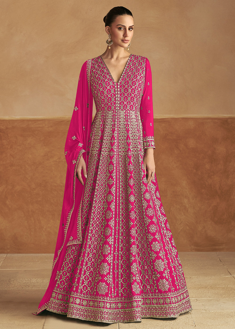 Buy Now Hot Pink Front & Back Embroidery Wedding Anarkali Suit Online in USA, UK, Sweden, Denmark, Italy, Germany, Canada, UAE & Worldwide at Empress Clothing.