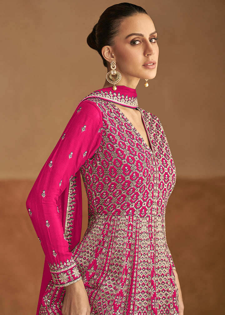 Buy Now Hot Pink Front & Back Embroidery Wedding Anarkali Suit Online in USA, UK, Sweden, Denmark, Italy, Germany, Canada, UAE & Worldwide at Empress Clothing.